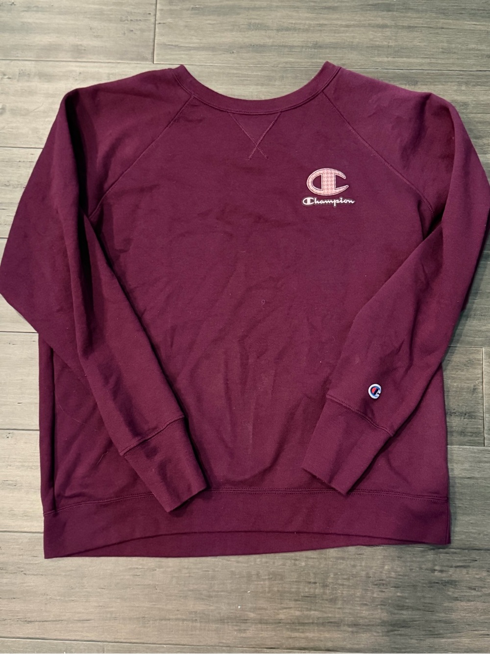 Champion Burgundy Crewneck with Pink Logo Patch
